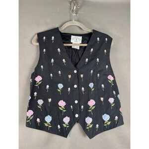 Solutions Original Floral Embroidered Vest Womens Medium Black Cotton V-Neck